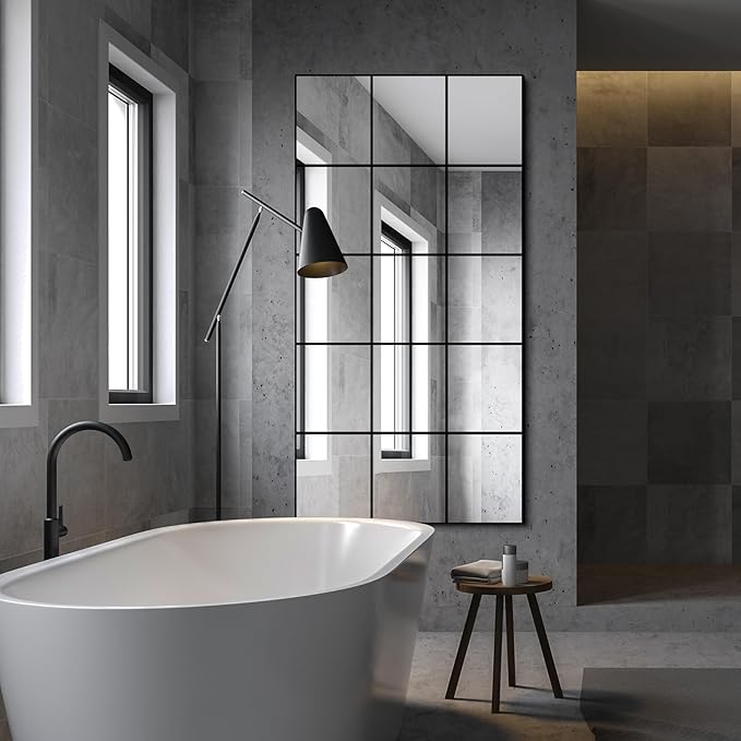 Delma Full Length Mirror, 28"x 55" Window Pane Decorative Mirror for Wall, Black Metal Framed Wall Decor, Wall Mounted, Hanging or Leaning for Bedroom, Living Room, Entryway