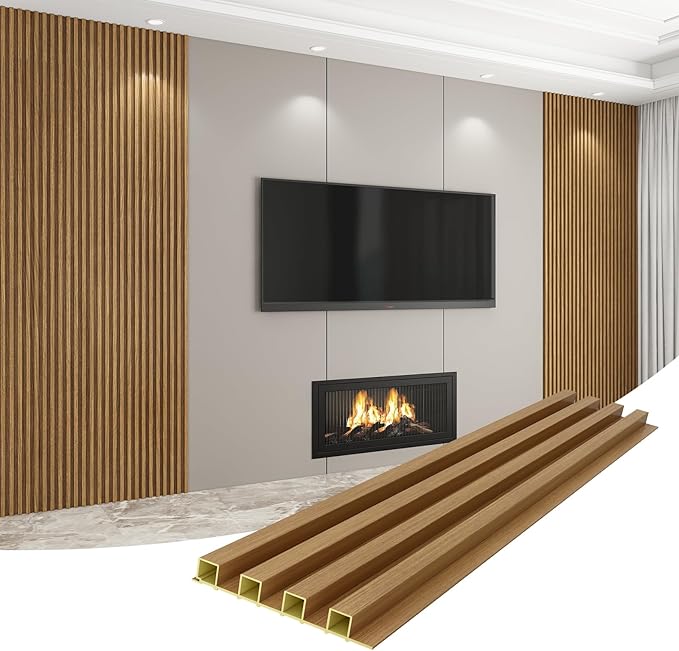 8-Pack WPC Wall Panels 118’’ x 6.1’’ 3D Slat Wall Panel Acoustic Wall Paneling for Interior Wall Decor TV Background Kitchen Bedroom Oak