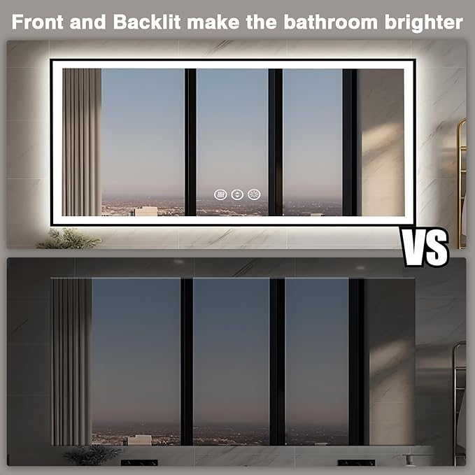 72x32 LED Bathroom Vanity Mirror - Black Aluminum Framed, Front and Backlit, Anti-Fog, Stepless Dimmable, 3 Colors Smart Mirror