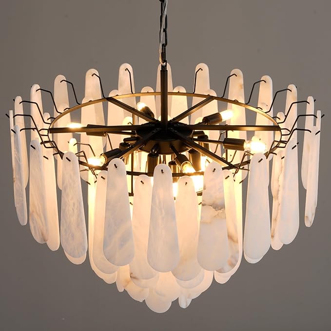 Alabaster Chandelier, D31.5 in Modern Round Chandelier, 6-Tiers Luxury Large White Marble Black Chandeliers for Dining Room Bedroom Foyer Living Room Entryway