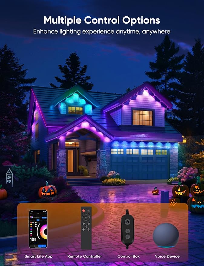 APPECK Permanent Outdoor Lights Pro 200ft, 144W RGBCW Eaves Lights with 144 LED Lights, 80lm, Cuttable, 111 Scene Modes, IP67 Waterproof Lighting for Halloween Decoration, Work with Alexa, Black