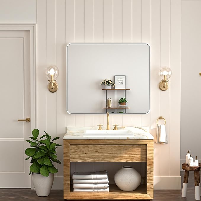 Keonjinn White Bathroom Mirrors for Over Sink, 30 x 36 Inch Metal Framed Bathroom Mirror for Wall, Rounded Rectangle Matte White Mirror with HD Tempered Glass, Hangs Horizontally or Vertically