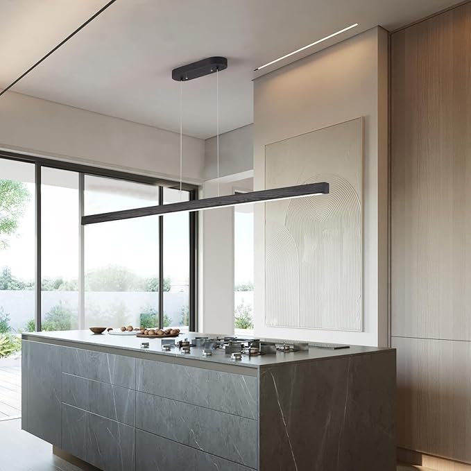 59'' Led Pendant Light 40w Dimmable with Remote Wood Linear Pendant Lighting Led Modern Chandelier Island Light with Black Finish for Living Room Dining Room Billiard & Pool Lights Black