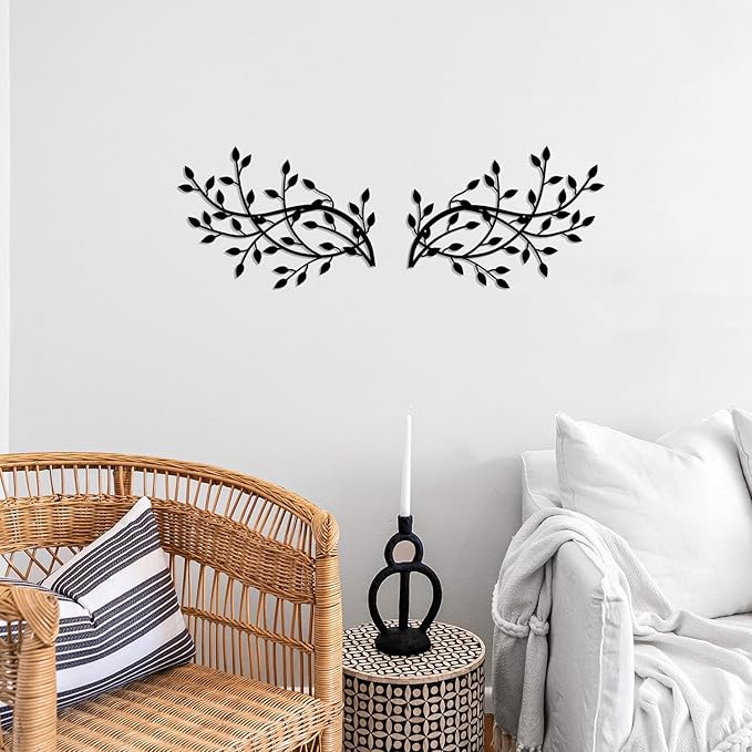 2 Pieces Metal Tree Leaf Wall Decor Vine Olive Branch Leaf Wall Art Wrought Iron Scroll Sculptures Home Decor Above The Bed,Branches Hanging Wall Decor for Livingroom and Outdoor(Black)