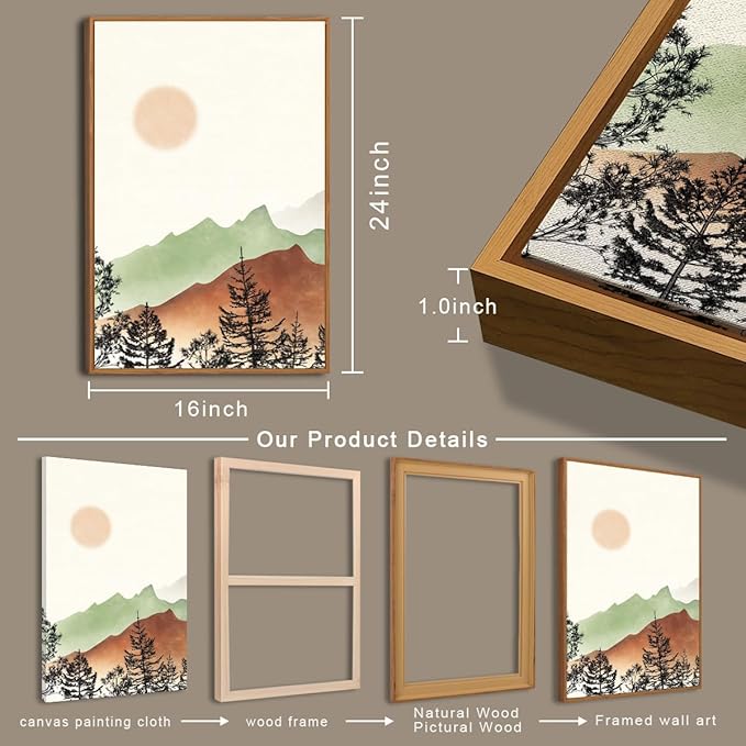 BINCUE Boho Mountain Canvas Wall Art Framed Mountain Wood Wall Decor for Living Room Bedroom Office 3 Panel 16x24 Inches