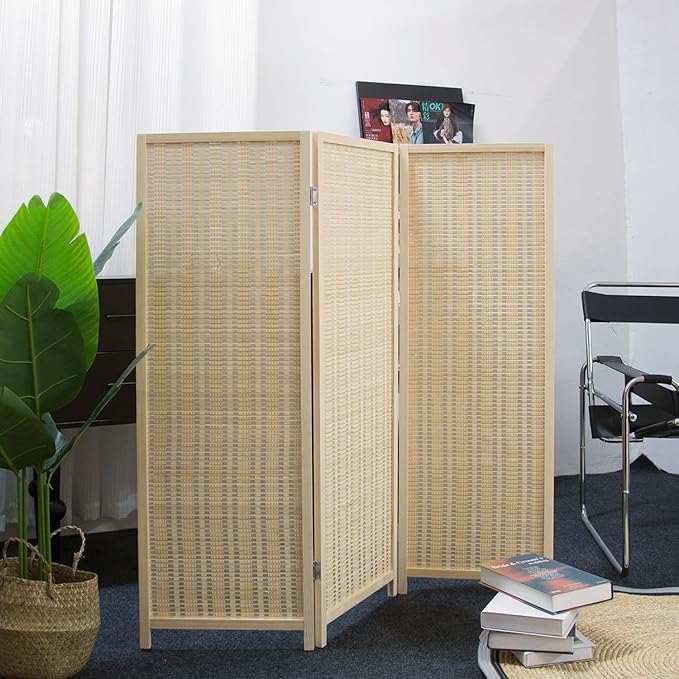 3 Panel Room Divider Short Folding Screen Divider,Double Sided Bamboo Divider Screen for Room Separation,Beige,47.2" H x 46.1" W