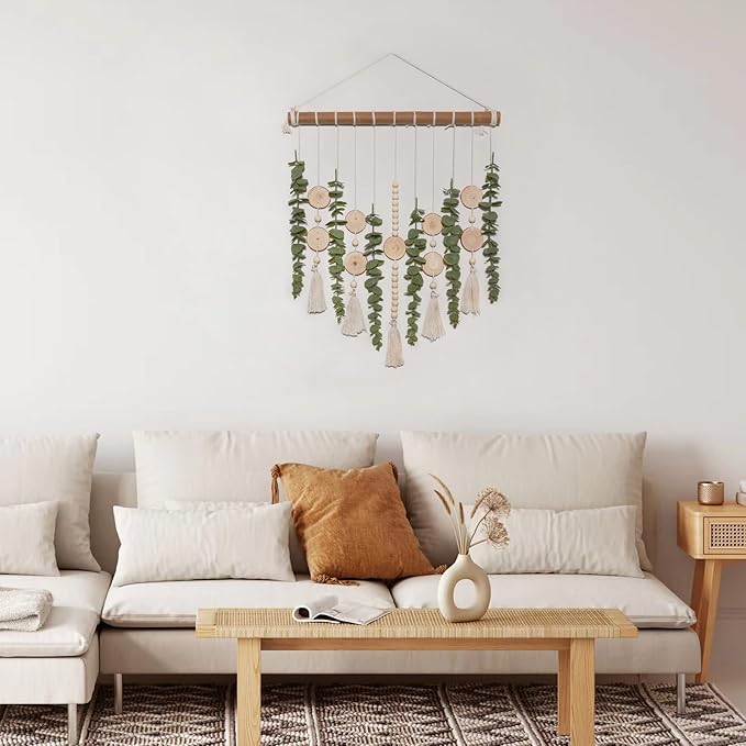 Artificial Eucalyptus Wall Hanging Decor Fake Plant Greenery Leaves Chip Strands Beads Garland on 16.5 inch Stick Boho Rustic Farmhouse Nature Bathroom Bedroom Living Room Decorations