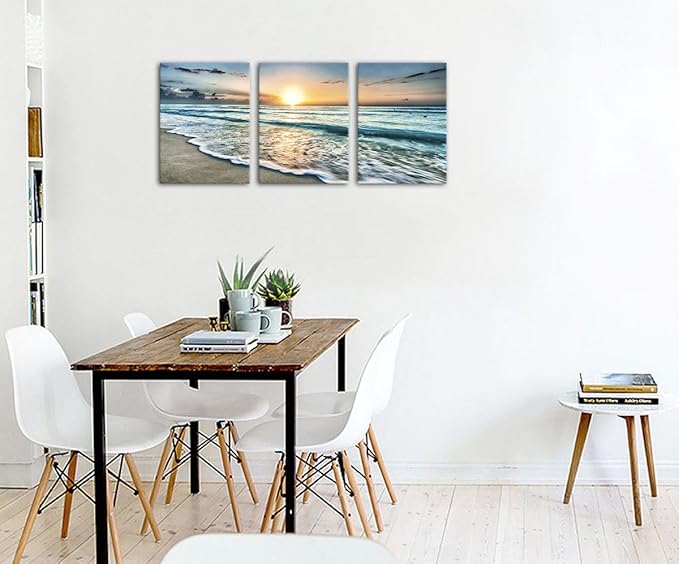 Canvas Wall Art Beach Sunset Ocean Waves Wall Decor 3 Pieces x 12" x 16" Modern Seascape Canvas Artwork Contemporary Nature Pictures Painting Giclee Prints Framed Ready to Hang for Home Decoration