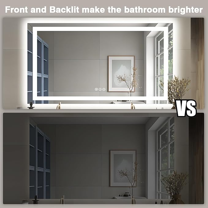 55"x30" LED Bathroom Mirror, Front & Backlit, Anti-Fog Vanity Mirror with Dimmable Lights, 3 Colors Smart Mirror (Horizontal/Vertical)
