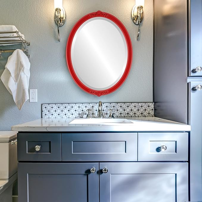 OVALCREST Oval Beveled Wall Mirror for Home Decor - Athena Style - Holiday Red - 18" x 14" Outside Dimensions