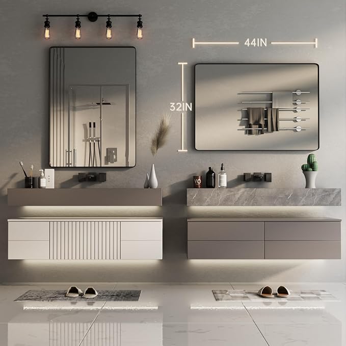 Bathroom Mirror for Wall, 44x32 Inch Matte Black Framed Bathroom Vanity Mirror for Farmhouse Living Room Bedroom, Anti-Rust, Tempered Glass, Rounded Corner, Horizontal/Vertical