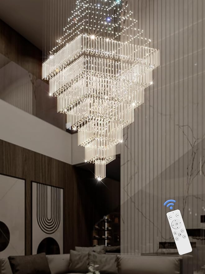 Flashing God D59''X H120'' Extra Large Chandeliers for High Ceilings Crystal Raindrop Chandeliers Large Villa Chandelier Entrance Foyer Crystal High Ceiling Light LED Dimmable 2700K-6000K Quadrate