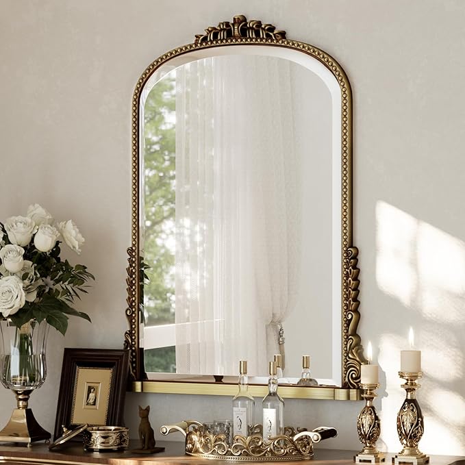 40x28 Beaded Arched Mirror, Bathroom Mirror for Over Sink, Metal Frame Wall Decor for Entryway, Bedroom, Living Room, Gold