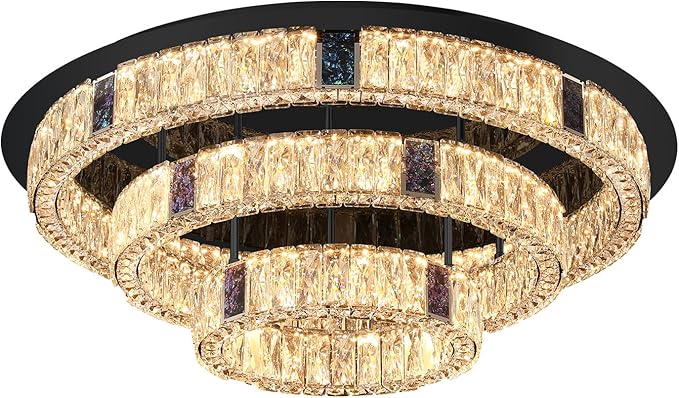 32'' Modern Flush Mount Crystal Chandelier for Living Room Round Ring Chandelier Black 3-Tier Crystal Ceiling Light for Dining Room Kitchen Bedroom Dimmable Lighting