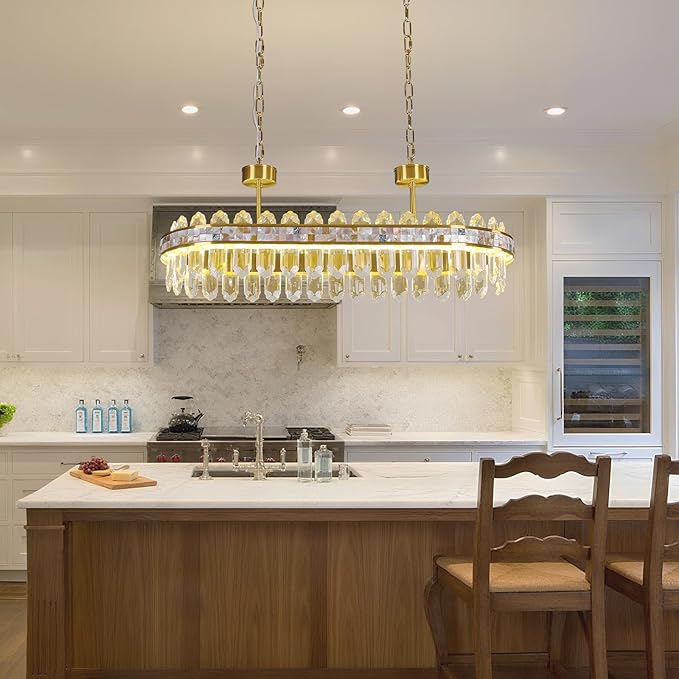 Modern Rectangle Led Crystal Chandelier for Dining Room - L31.5'' Gold 3 Color Stepless Dimmable Oval Chandelier,Luxury Long Linear Chandeliers for Living Room Kitchen Island with Remote Control