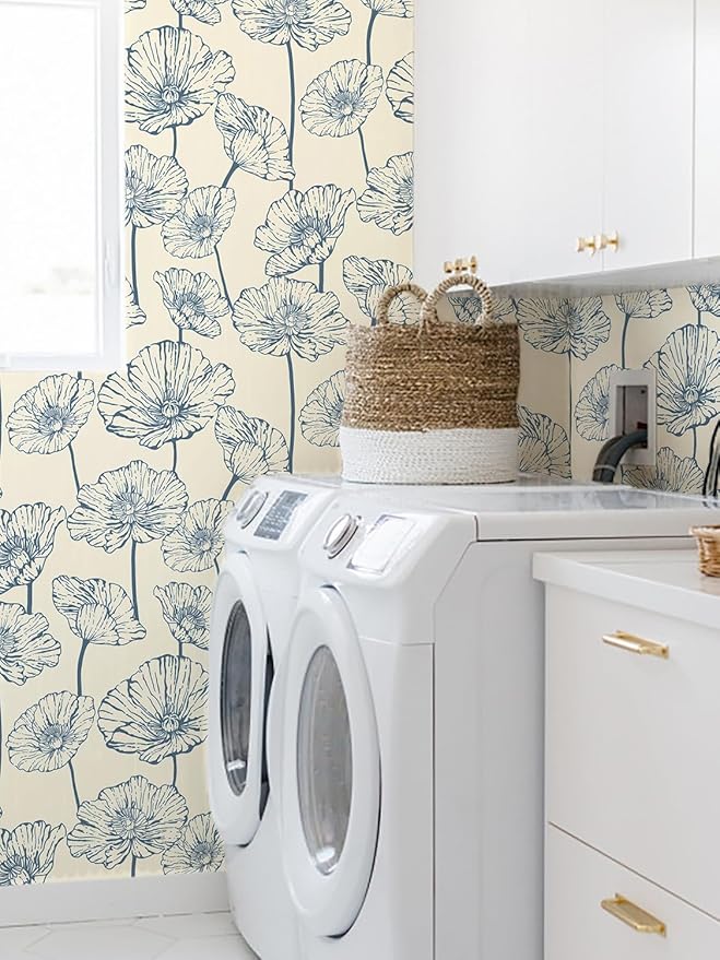 Orainege Peel and Stick Wallpaper Floral Contact Paper Blue and Beige Wallpaper 17.3inx393.7in Self Adhesive Wall Paper Boho Removable