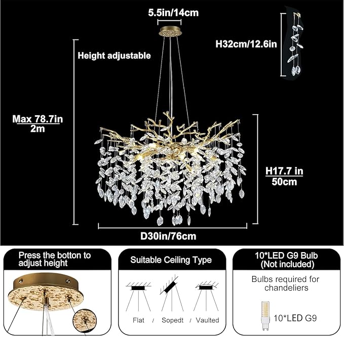 Modern Crystal Chandelier, 30" Chandeliers for Dining Room,Gold K9 Crystal Tree Branches Crystal Chandelier,10-Light Living Room Chandeliers, for Entryway, Foyer, Bedrooms, Bathroom
