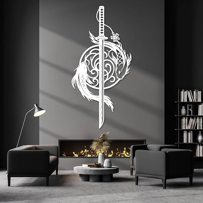 Metal Koi Fish Katana Wall Decor, Koi Fish Metal Wall Decor, Japanese Katana Wall Art, Fishes Decoration, Feng Shui Wall Art, Sword Wall Hanging, Living Room Wall Hanging (Silver, 30"x15"/76x37cm)