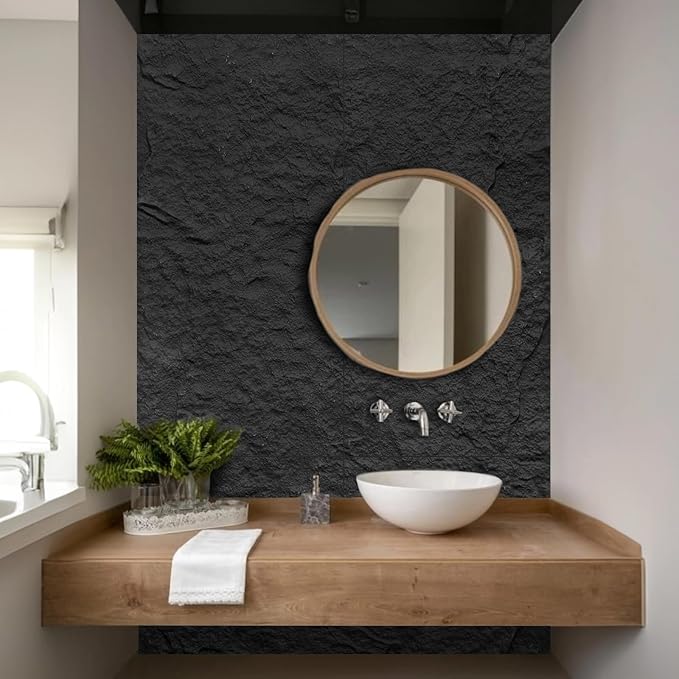 5-Pack 3D Faux Stone Wall Panels, PU Cement-Texture Wainscoting Panels for Interior Walls – Waterproof & Lightweight, Covers 38.7 Sq.Ft, 47.2" x 23.6", for TV Wall, Office, Living Room Black