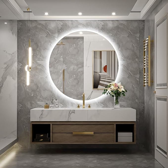 28 Inch Round LED Bathroom Mirror - 6000K Daylight Backlit, Anti-Fog & Dimmable, Frameless Waterproof Mirror with Touch Control, CRI90+, IP54 for Vanity & Makeup