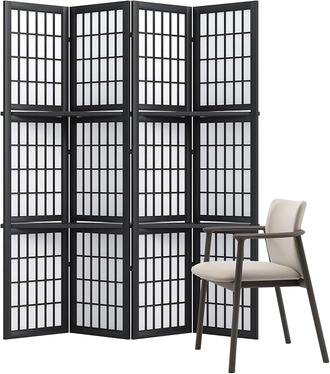 5.6FT Room Divider and Folding Portable Partition Screen, Chinese Japanese Shoji Style with Three Display Shelves for Room Separation - 4 Panel (Black)