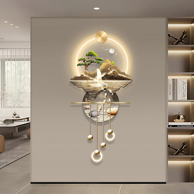 LED Light Art Wall Decor, Decor Wall Sculptures Art 3D for Home, Arts Decorations Walls Sculpture with Light, Plug-in Power Supply, Gold E, 23x53IN