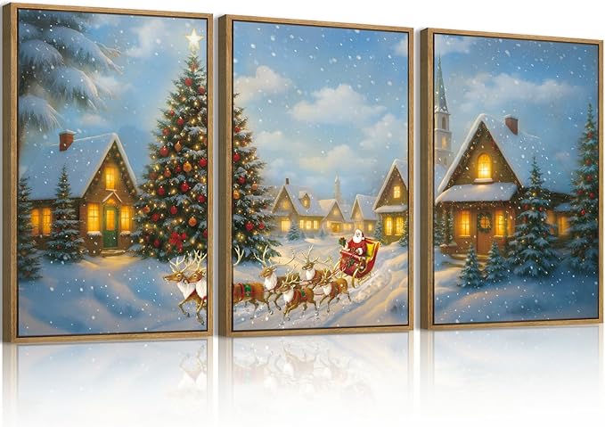 BINCUE Christmas Wall Art Framed Santa Claus Wall Art Decor Santa Winter Wall Painting for Living Room Bedroom Dining Room 16x24 Inches Set of 3