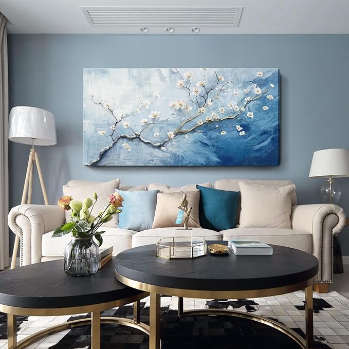 Nicetop Extra Large Canvas Art Wall Decor - Plum Blossom Art Prints - Oversized Abstract Sky Ocean Floral Botanical Artwork, Big Wall Picture Modern Coastal Home Bedroom Living Room Office 58x29 Inch