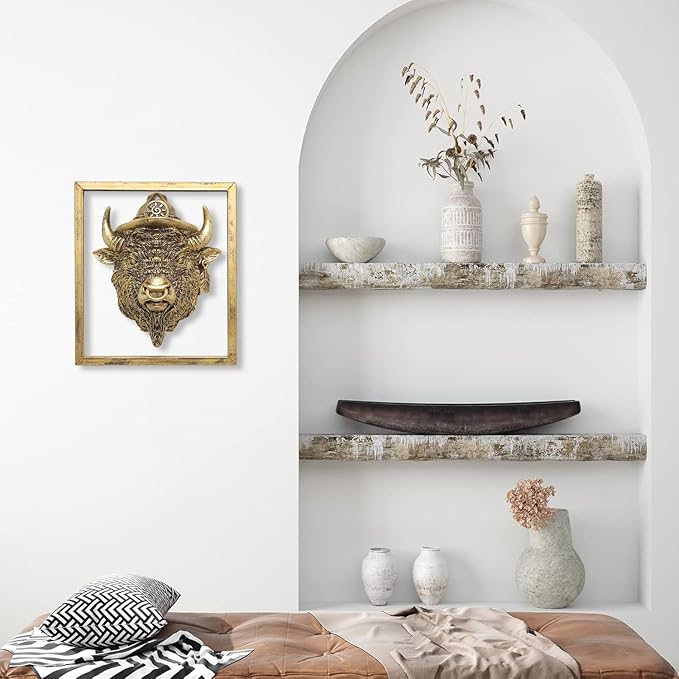 Newinhome Animal Heads Wall Decor (Includes Metal Frame) Resin Animals Sculptures Head Wall Hanging Decoration Gold vintage Wall Sculpture for Living Room Bedroom Office (American Bison)