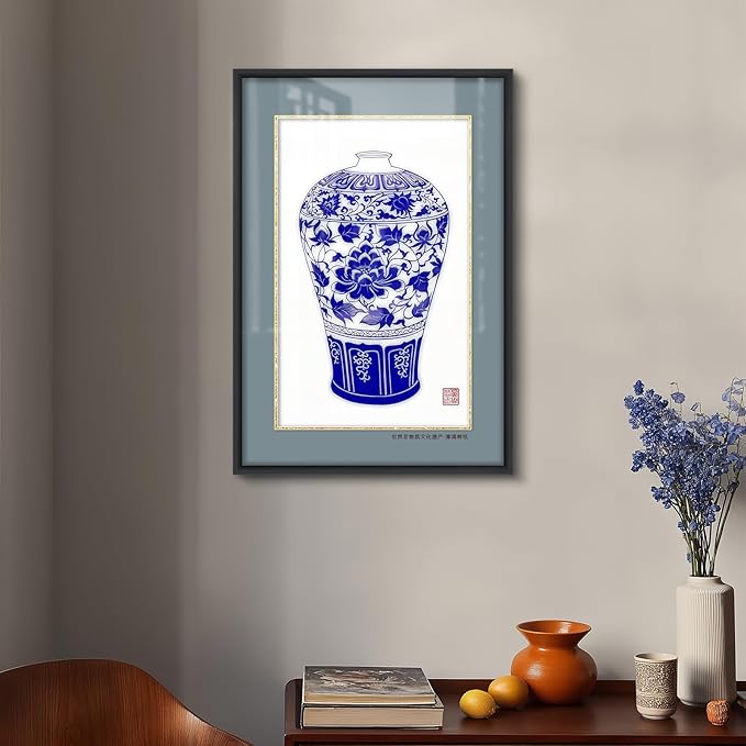 crmotu Chinoiserie Wall Art, Chinoiserie Paper-cutting Wall Decor Set of 4, Oriental Blue and White Porcelain Vase Framed Asian Art for Living Room Hallway Hotel Antique Wall Decor, 17X25 Inch