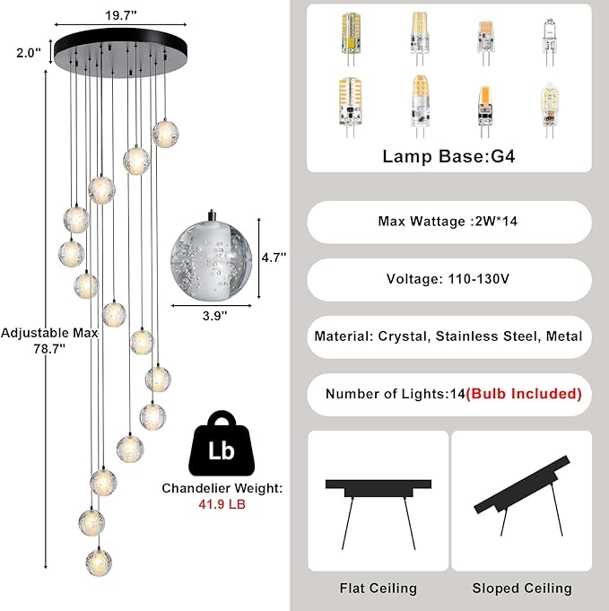 Black chandelier-14-Lights Staircase Chandelier for Living Room Hight Ceiling Foyer Pendant Lighting Fixture Modern Crystal Chandelier Spiral Stairwell Lighting Round Base Light, Warm Light