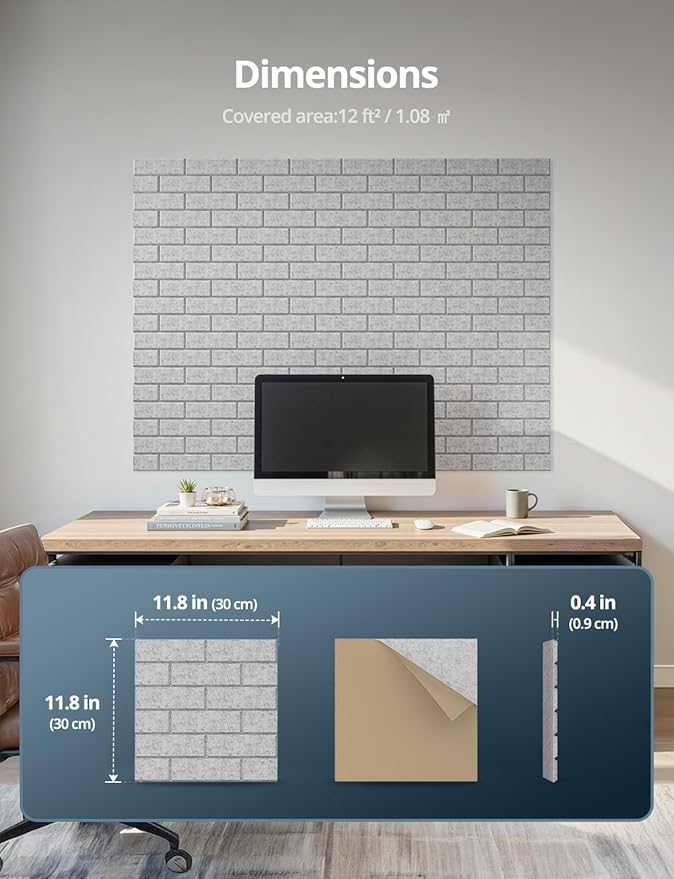 Acoustic Wall Panels, Brick Pattern Peel and Stick Sound Absorbing Panel for Ceiling, Door, Pared, 12 Pack 12"x12"x0.4", Grey Decorative Self Adhesive Wall Tiles for Recording Studio, Room