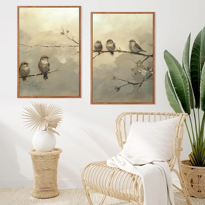 LHIUEM Large Cute Birds Framed Canvas Wall Art Set of 3(16X24in) Nature Inspired Bird Botanical Wall Decor,Big Vintage Branch Bird Painting,Natural Landscape Animal Art Prints for Living Room Bedroom