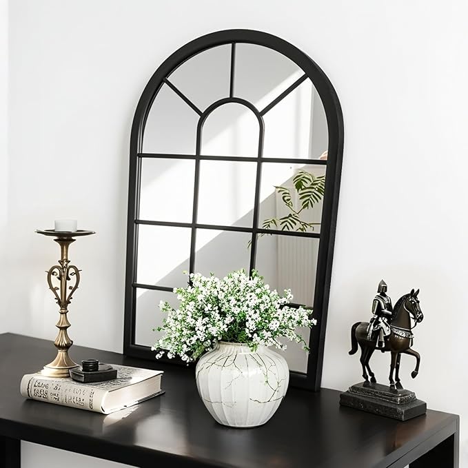 Black Arched Window Mirror, Farmhouse Decorative Wall Mirrors for Living Room, Bedroom, Entryway, Bathroom Vanity, Fireplace Mantel, Window Pane Mirror Wall Decor (Black, 31.5 x 20 x1)