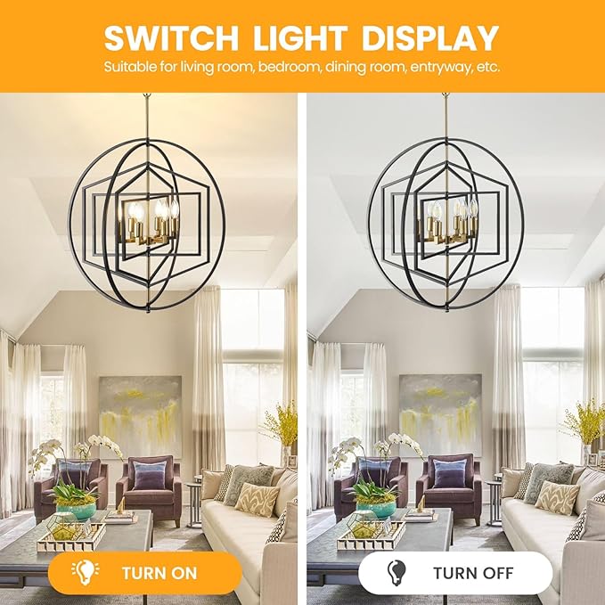 26 Inch Black and Gold Chandelier, 6-Light Farmhouse Chandelier for Entryway, Industrial Foyer Lighting Fixtures, Large Chandeliers for High Ceilings, Modern Hanging Pendant Lights for Staircase