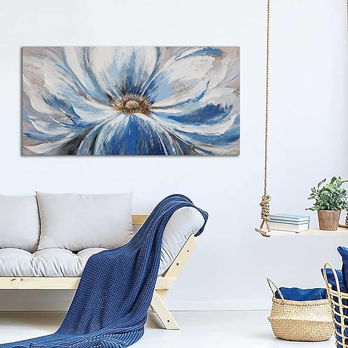 Mofutinpo Large Flower Canvas Wall Art for Living Room Large White Blue Flower Picture Giclee Prints Painting Wall Decor Artwork Ready to Hang for Home Bedroom Wall Decoration Size 29x58