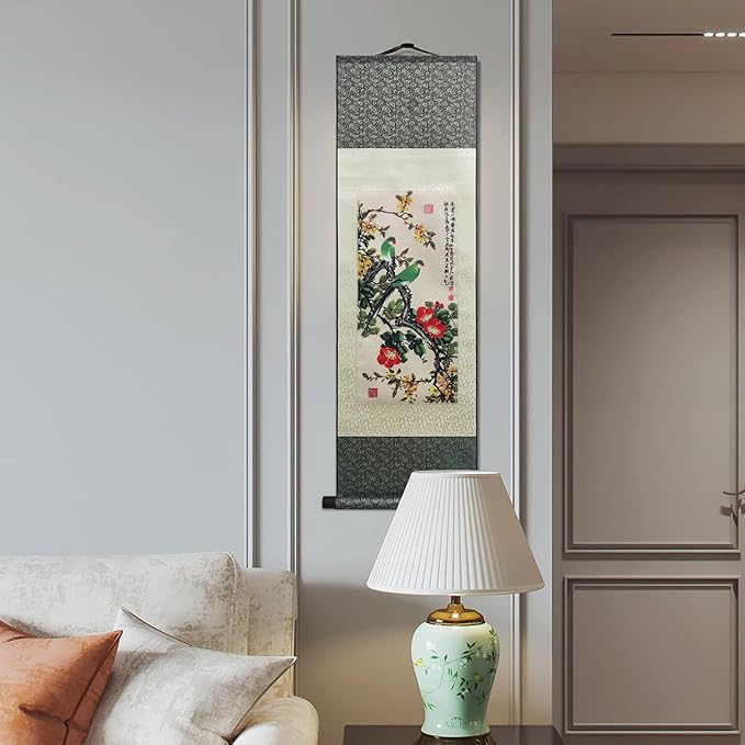 AtfArt Asian Wall Decor Beautiful Silk Scroll Painting 4 Color Flower bird - Starling Thrush Magpie Parrot Oriental Decor Chinese Art Wall Scroll Hanging Painting Scroll 36.2 x 12in (Green Parrot)