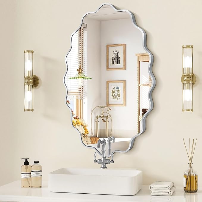 Oval Wavy Mirror - Irregular Wall Mirror 24"x36" Black Asymmetrical Aviation Aluminum Alloy Frame for Bathroom, Bedroom, Living Room, Cloakroom, Entryway