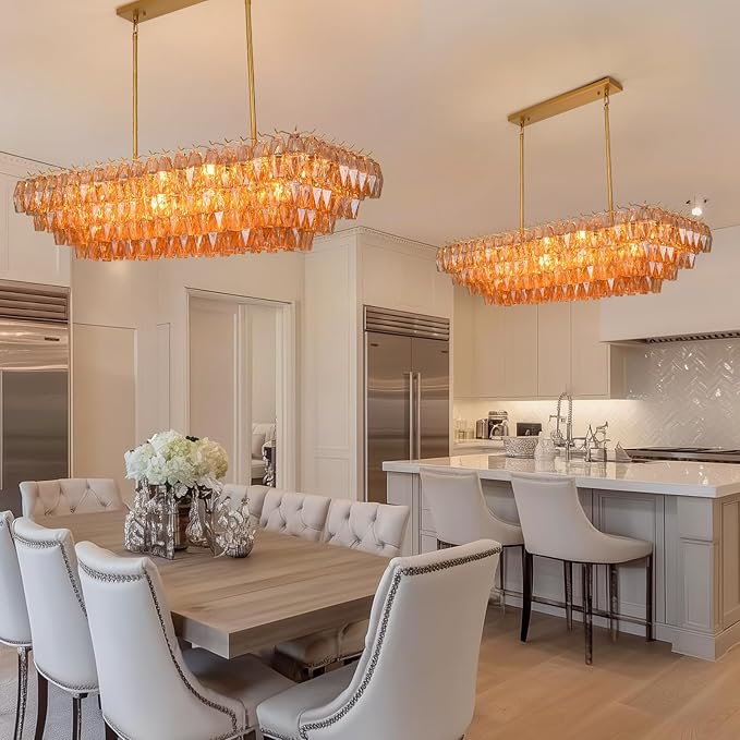 Modern Gold Rectangular Chandeliers for Dining Room, 14-Light 4 Tiered Crystal Brass Chandelier Over Dining Table, Amber Glass Chandeliers for Kitchen Island, Long Chandelier for Living Room