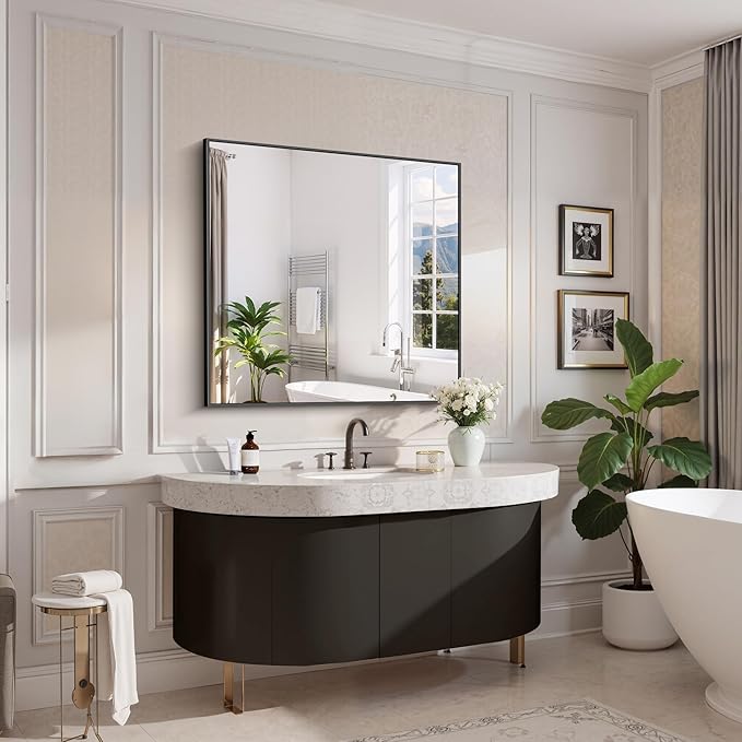 Black Bathroom Mirror for Wall, 39x39 Inch Rectangle with Metal Frame, Square Modern Vanity for Bathroom Living Room, Entryway Hangs Horizontal or Vertical