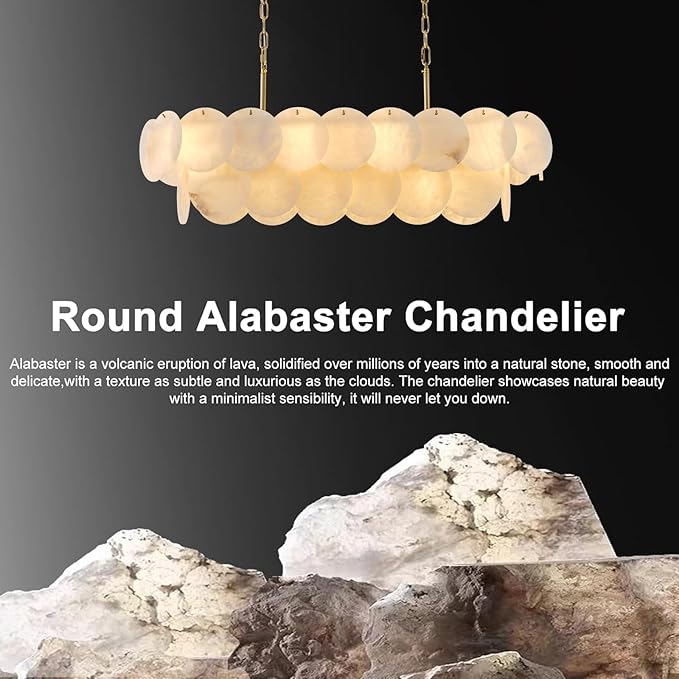 Alabaster Rectangle Chandelier, L39.4'' Natural Spanish Marble Stone Textur Chandeliers, 11-Light Dimmable Chandelier Over Table for Kitchen Island, Living Room, Hallway- Modern Luxury Lighting