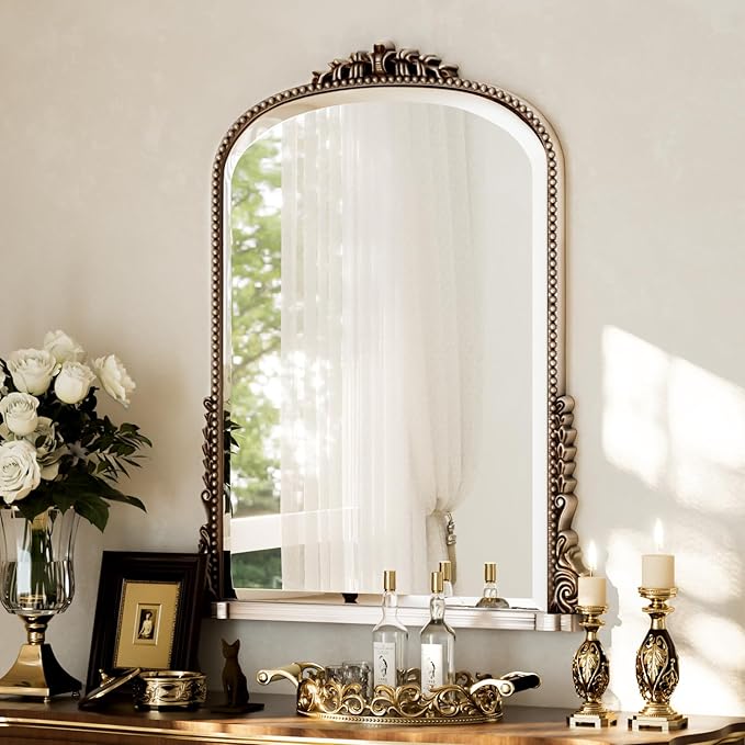 32x24 Beaded Arched Mirror, Bathroom Mirror for Over Sink, Metal Frame Wall Decor for Entryway, Bedroom, Living Room, Silver