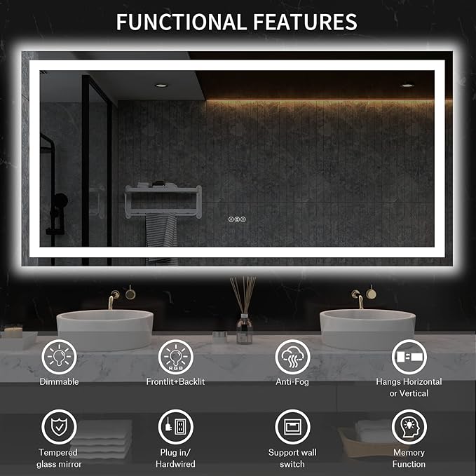 LOAAO 72X36 LED Bathroom Mirror with Lights, Anti-Fog, Dimmable, Backlit + Front Lit, Lighted Bathroom Vanity Mirror for Wall, Memory Function, Tempered Glass, ETL Listed