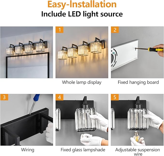 Black Bathroom Light Fixture, 4-Light Crystal Vanity Lighting, Bathroom Lighting Fixtures Over Mirror, Modern Crystal Wall Lamp