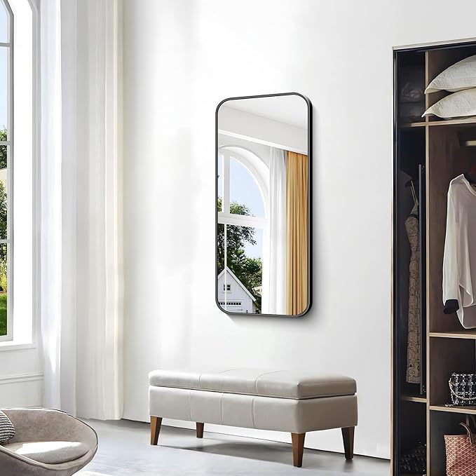 BONEWEI 20x40 inch Bathroom Mirror,Black Rectangle Mirror,Wall Mounted Bathroom Frame Vanity Mirror with Round Corner for Bedroom Living Room,Entryway Hangs Horizontal or Vertical