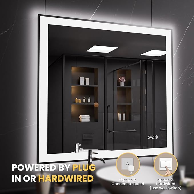 LOAAO 40"X38" LED Bathroom Mirror Black Framed, Anti-Fog, Dimmable, Lighted Bathroom Vanity Mirror for Wall, Memory Function, Tempered Glass