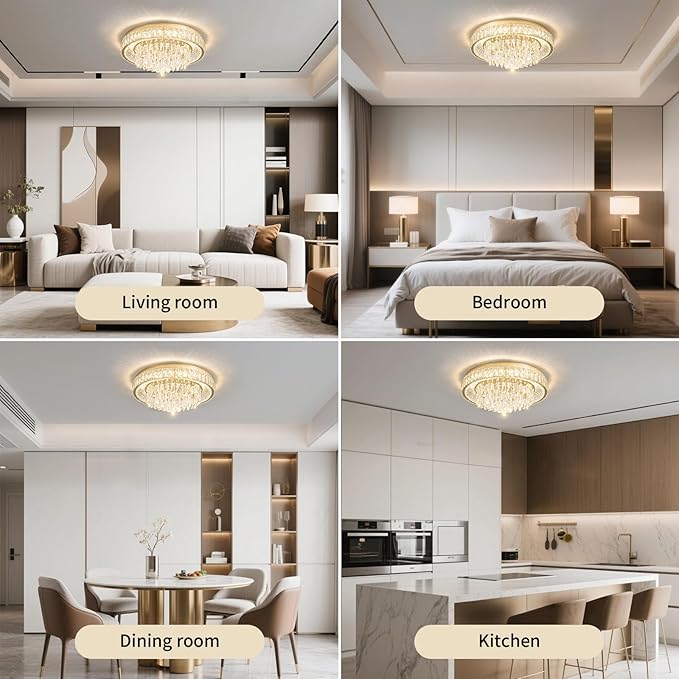 Modern Dimmable Led Crystal Chandelier: Flush Mount Crystals Ceiling Light with Remote - 24" Round Crystal Chandeliers Gold Ceiling Lighting Fixtures for Dining Room Bedroom Living Room Entryway