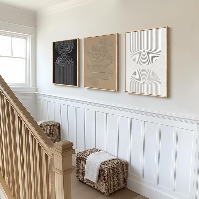 Large Framed Black and White Neutral Abstract Wall Art, 3 Piece Minimalist Canvas Prints Paintings Artwork for Walls, Boho Geometric Pictures for Living Room Hallway Office Wall Decor Total 30x60 In