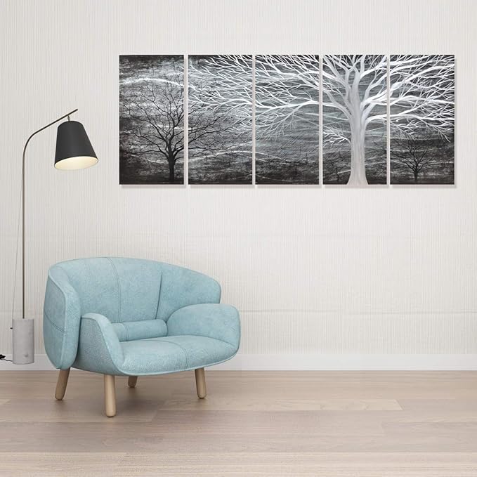 RICHSPACE ARTS Black and Silver Metal Wall Art 3d Abstract Modern Tree Decor Large Sculptures for Bedroom Dinning Room Decoration Contemporary Forest Sculpture Artwork Set of 5 Panels