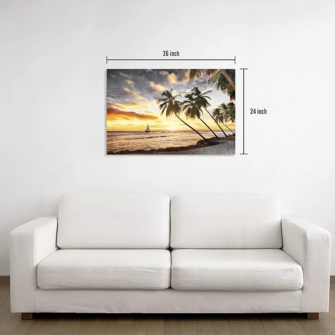 Beach Canvas Wall Art Decor: Bathroom Bedroom Ocean Coastal Scene Print Tropical Seascape Picture Sea Palm Tree Sailboat Artwork Seaside Seashore Landscape Painting for Home Office 36 x 24 Inch
